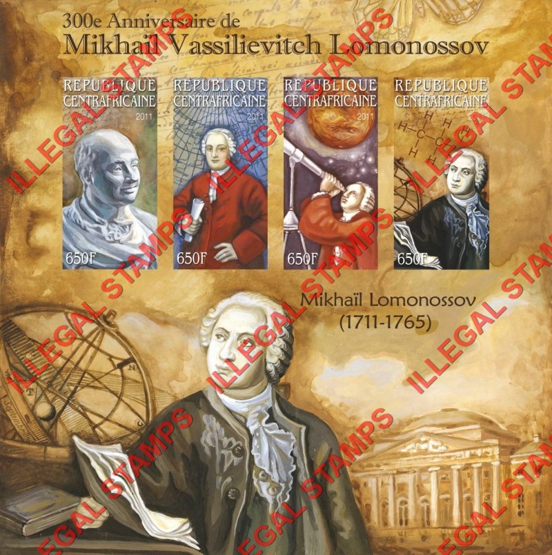 Central African Republic 2011 Mikhail Lomonossov Illegal Stamp Souvenir Sheet of 4