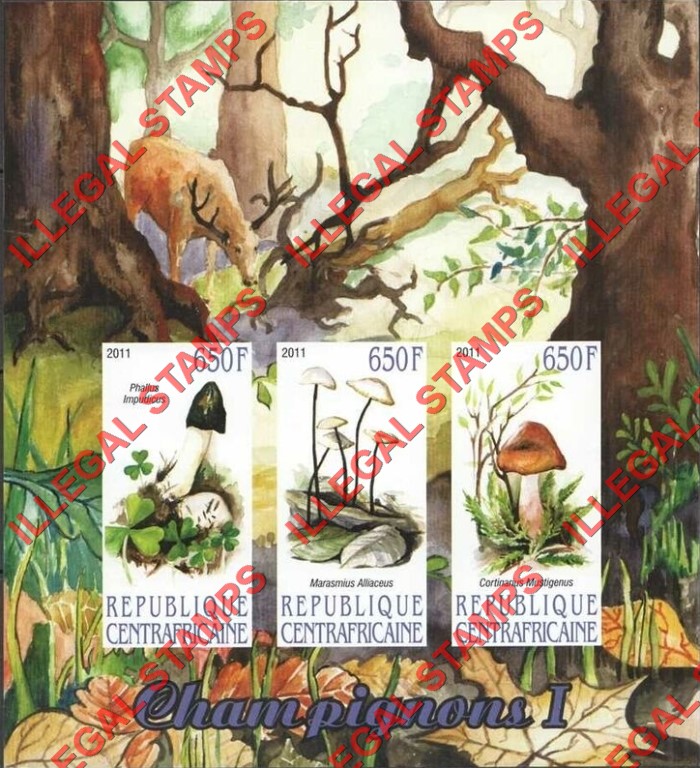 Central African Republic 2011 Mushrooms Illegal Stamp Souvenir Sheet of 3 (Sheet 1)