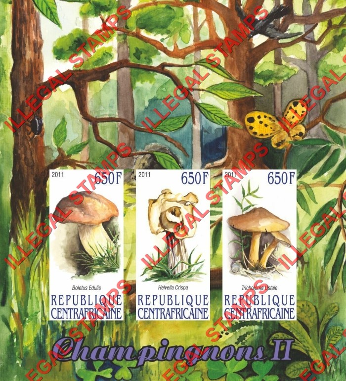 Central African Republic 2011 Mushrooms Illegal Stamp Souvenir Sheet of 3 (Sheet 2)