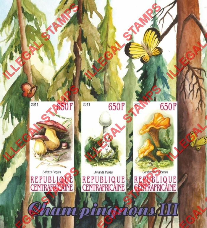 Central African Republic 2011 Mushrooms Illegal Stamp Souvenir Sheet of 3 (Sheet 3)