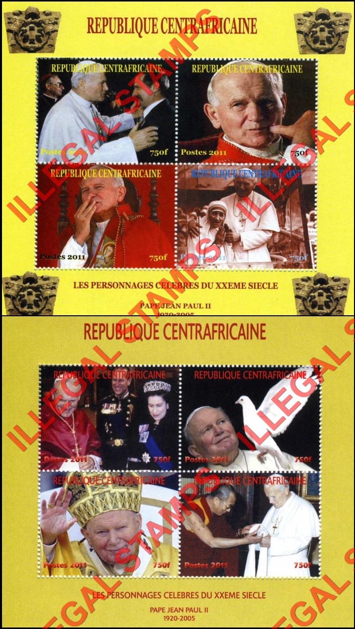 Central African Republic 2011 Pope John Paul II Illegal Stamp Souvenir Sheets of 4