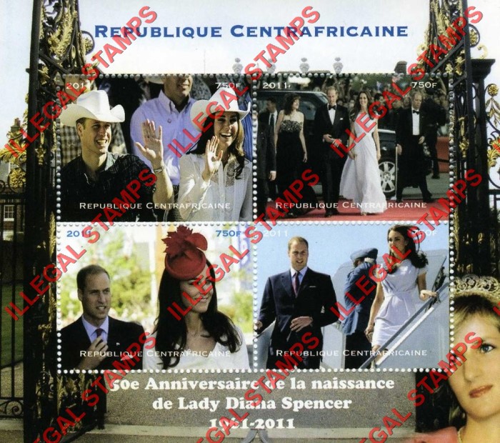 Central African Republic 2011 Prince William and Kate Illegal Stamp Souvenir Sheet of 4