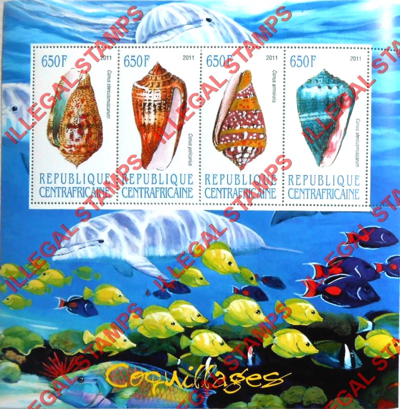 Central African Republic 2011 Shells Illegal Stamp Souvenir Sheet of 4 (Sheet 1)