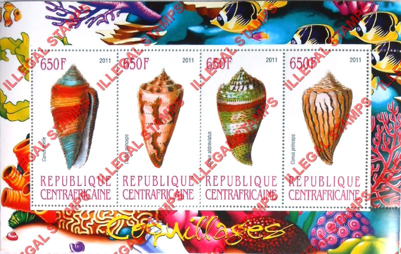 Central African Republic 2011 Shells Illegal Stamp Souvenir Sheet of 4 (Sheet 2)