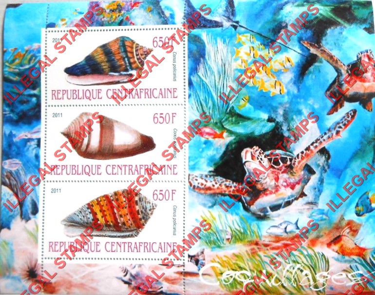 Central African Republic 2011 Shells Illegal Stamp Souvenir Sheet of 3 (Sheet 1)