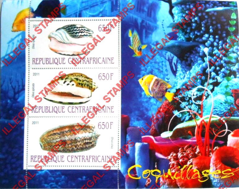 Central African Republic 2011 Shells Illegal Stamp Souvenir Sheet of 3 (Sheet 2)