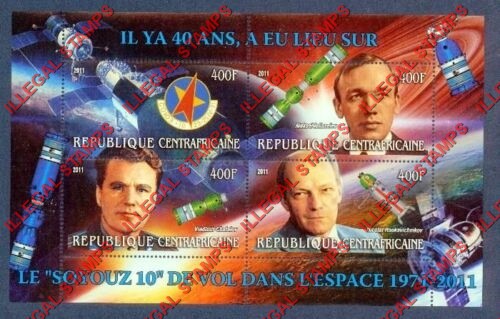 Central African Republic 2011 Space Soyuz 10 and Salyut Illegal Stamp Souvenir Sheet of 4