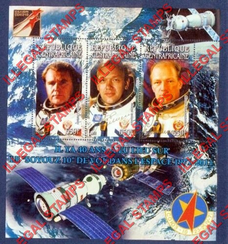 Central African Republic 2011 Space Soyuz 10 and Salyut Illegal Stamp Souvenir Sheet of 3