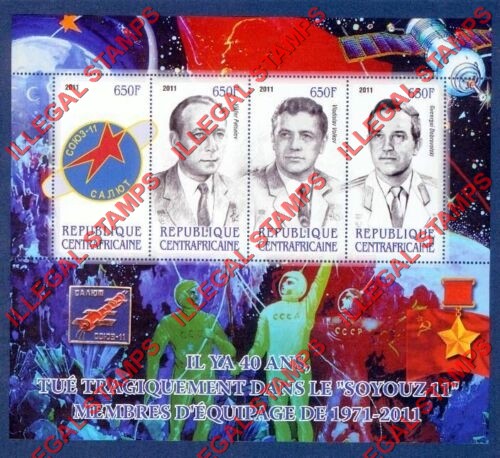 Central African Republic 2011 Space Soyuz 11 Disaster Illegal Stamp Souvenir Sheet of 4 (Sheet 1)