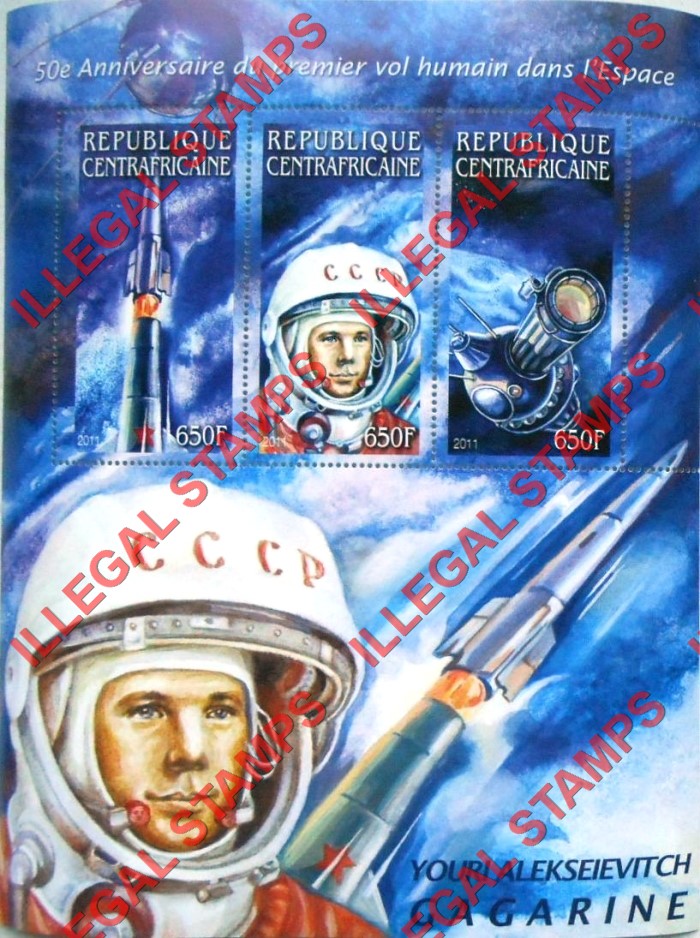 Central African Republic 2011 Space Yuri Gagarin Illegal Stamp Souvenir Sheet of 3