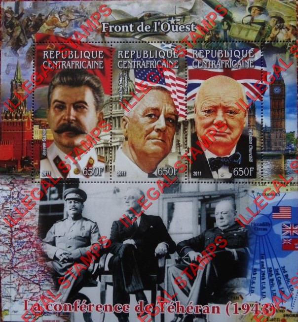 Central African Republic 2011 Tehran Conference in World War II Illegal Stamp Souvenir Sheet of 4