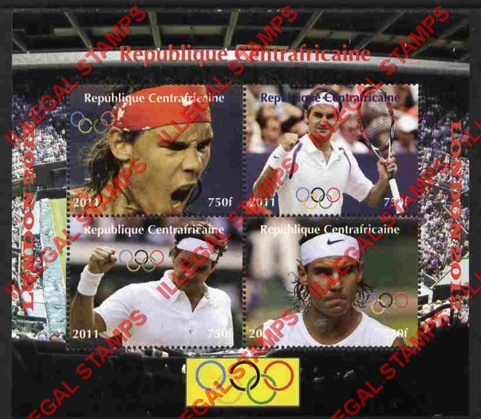 Central African Republic 2011 Tennis Olympic Games in London in 2012 Illegal Stamp Souvenir Sheet of 4