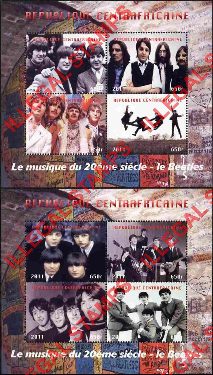 Central African Republic 2011 The Beatles Illegal Stamp Souvenir Sheets of 4