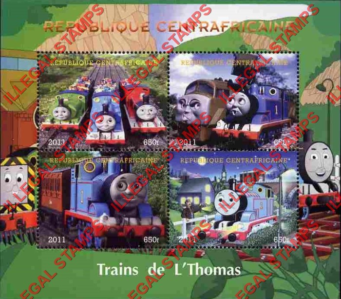 Central African Republic 2011 Thomas the Tank Engine Cartoon Trains Illegal Stamp Souvenir Sheet of 4