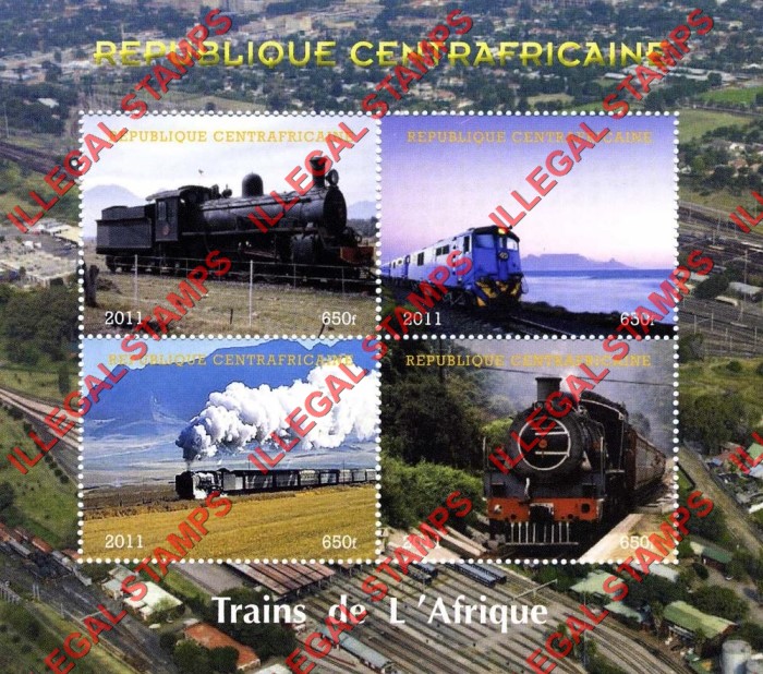Central African Republic 2011 Trains of Africa Illegal Stamp Souvenir Sheet of 4