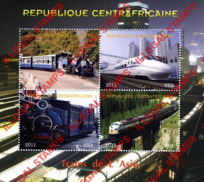 Central African Republic 2011 Trains of Asia Illegal Stamp Souvenir Sheet of 4