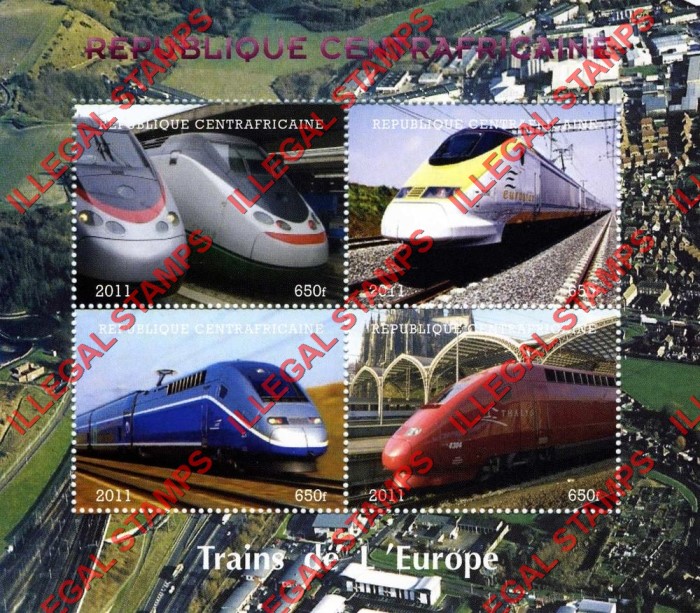Central African Republic 2011 Trains of Europe Illegal Stamp Souvenir Sheet of 4