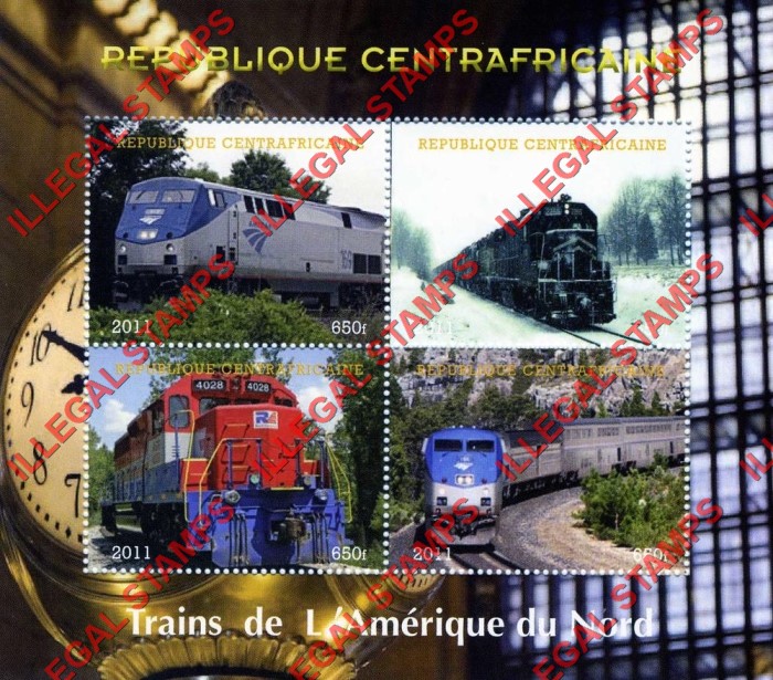 Central African Republic 2011 Trains of North America Illegal Stamp Souvenir Sheet of 4