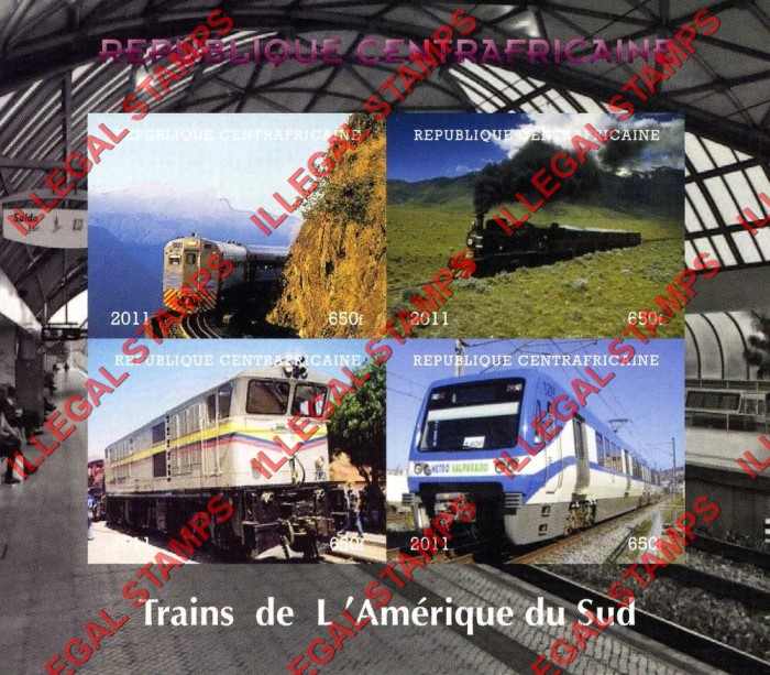 Central African Republic 2011 Trains of South America Illegal Stamp Souvenir Sheet of 4
