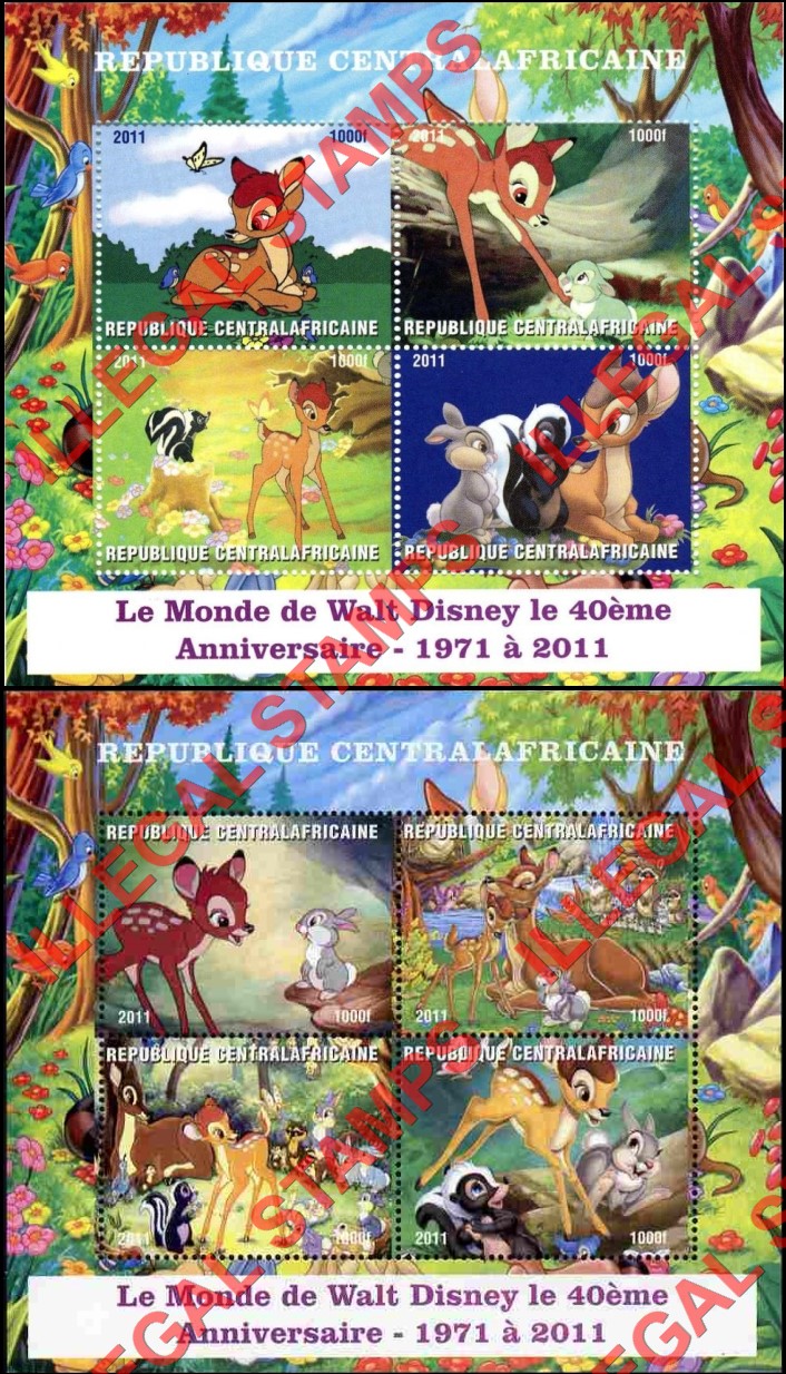 Central African Republic 2011 World of Disney Bambi Illegal Stamp Souvenir Sheets of 4
