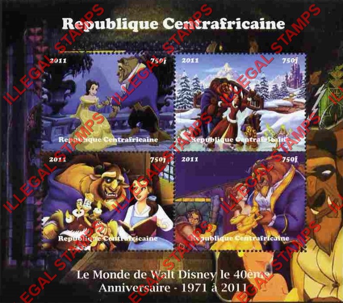 Central African Republic 2011 World of Disney Beauty and the Beast Illegal Stamp Souvenir Sheet of 4