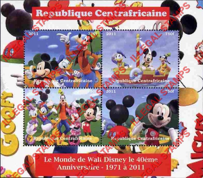 Central African Republic 2011 World of Disney Mickey Mouse and Goofy Illegal Stamp Souvenir Sheet of 4
