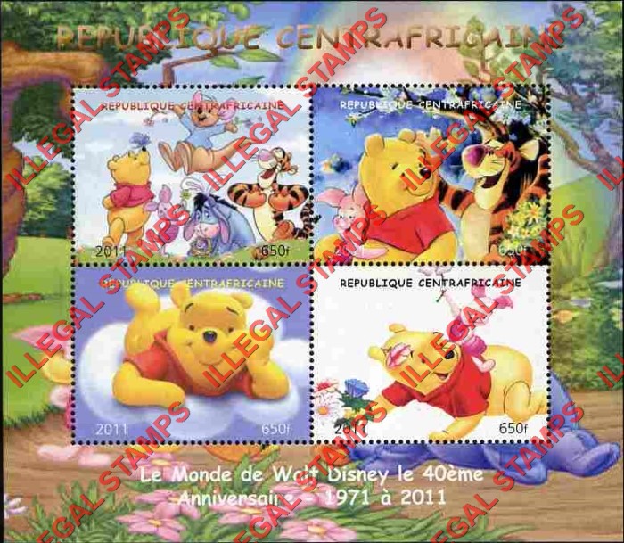 Central African Republic 2011 World of Disney Winnie the Pooh Illegal Stamp Souvenir Sheet of 4