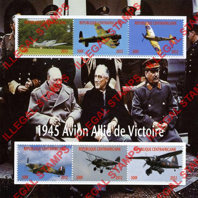 Central African Republic 2012 Allied Aircraft of World War II Illegal Stamp Souvenir Sheet of 6