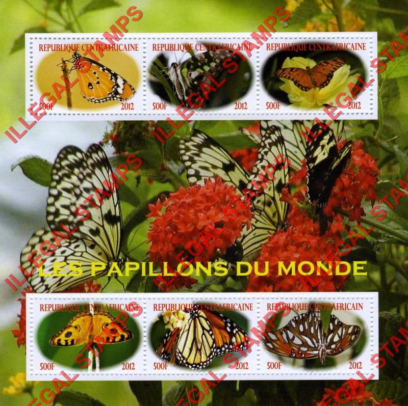 Central African Republic 2012 Butterflies of the World Illegal Stamp Souvenir Sheet of 6