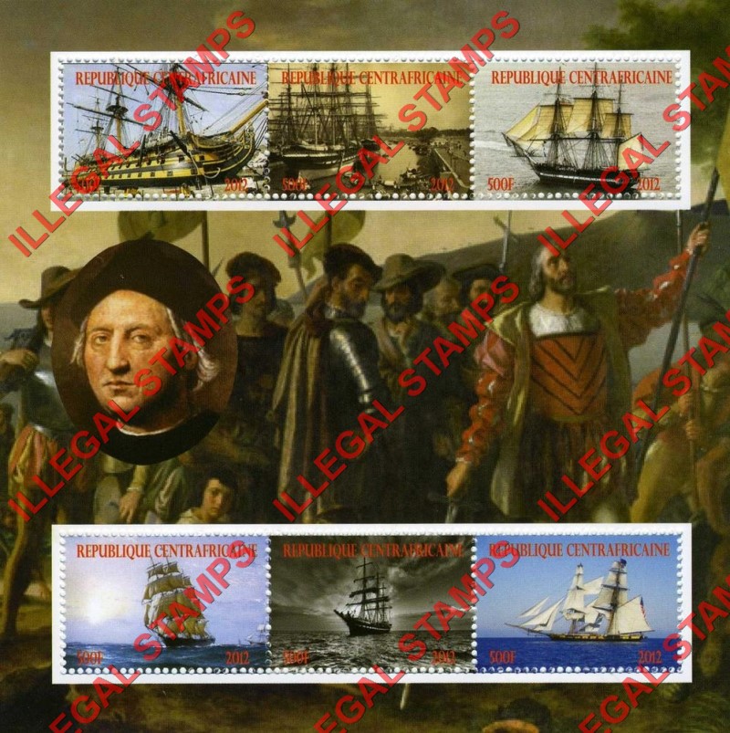 Central African Republic 2012 Christopher Columbus Sailing Ships Illegal Stamp Souvenir Sheet of 6