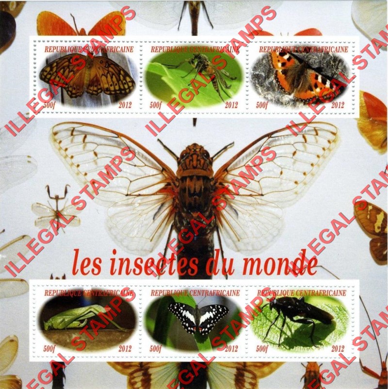 Central African Republic 2012 Insects of the World Illegal Stamp Souvenir Sheet of 6