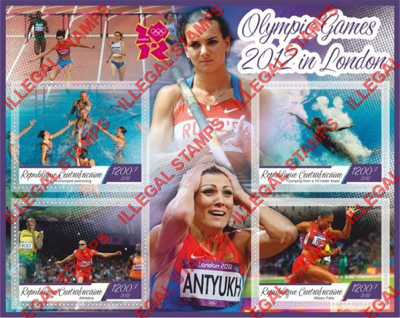 Central African Republic 2012 Olympic Games in London Illegal Stamp Souvenir Sheet of 4