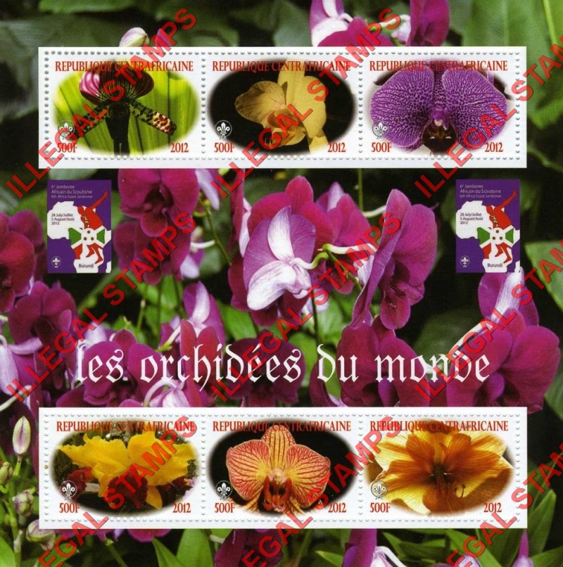 Central African Republic 2012 Orchids of the World Illegal Stamp Souvenir Sheet of 6