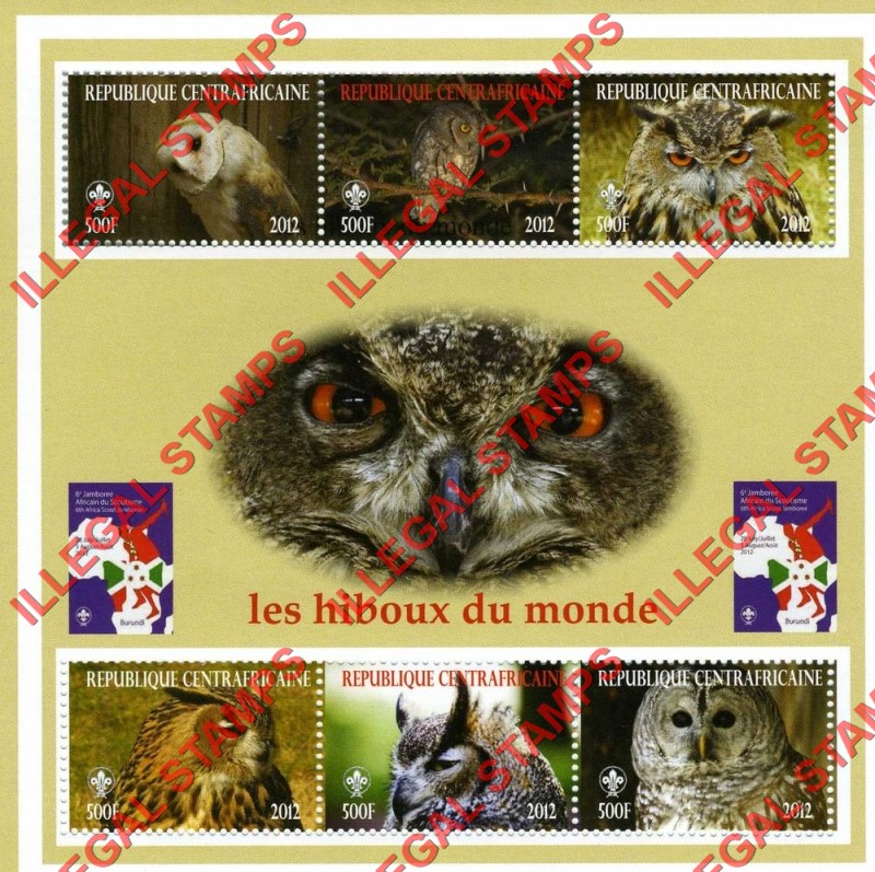 Central African Republic 2012 Owls of the World Illegal Stamp Souvenir Sheet of 6