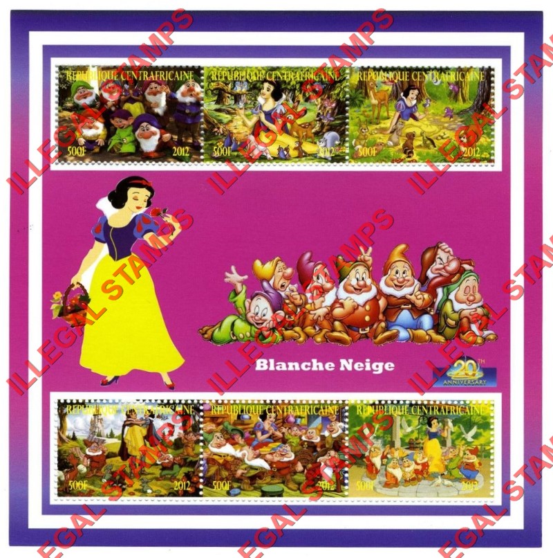 Central African Republic 2012 Snow White Illegal Stamp Souvenir Sheet of 6