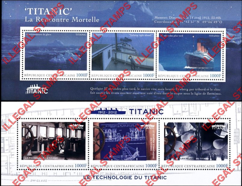 Central African Republic 2012 Titanic Illegal Stamp Souvenir Sheets of 3