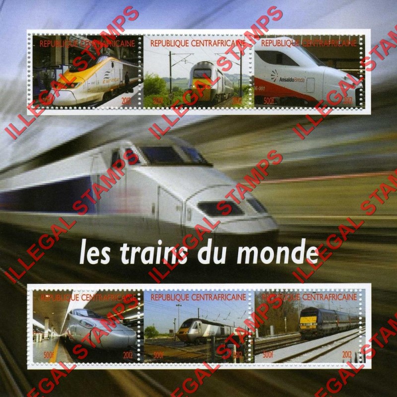 Central African Republic 2012 Trains of the World Illegal Stamp Souvenir Sheet of 6 (Sheet 1)