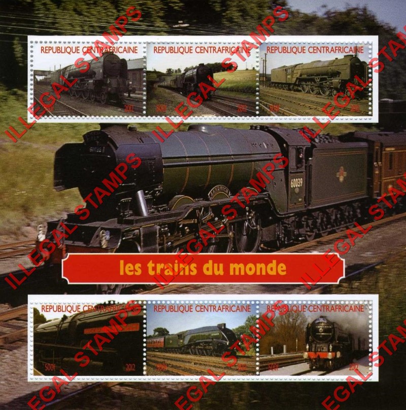Central African Republic 2012 Trains of the World Illegal Stamp Souvenir Sheet of 6 (Sheet 2)