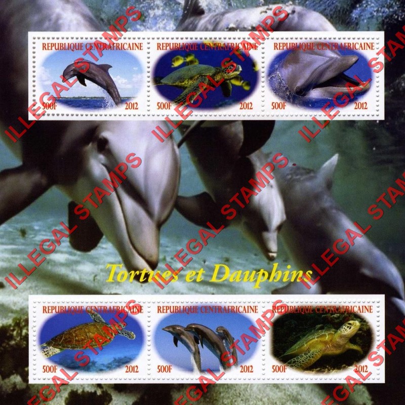 Central African Republic 2012 Turtles and Dolphins Illegal Stamp Souvenir Sheet of 6
