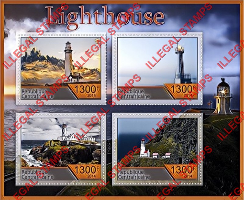 Central African Republic 2014 Lighthouses Illegal Stamp Souvenir Sheet of 4