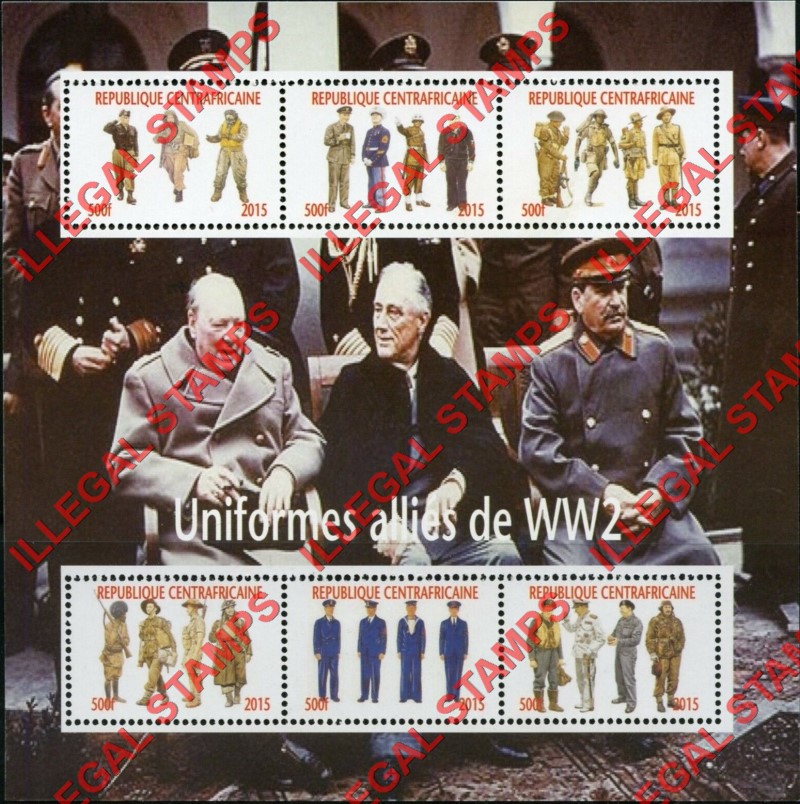 Central African Republic 2015 Allies Uniforms in World War II Illegal Stamp Souvenir Sheet of 6