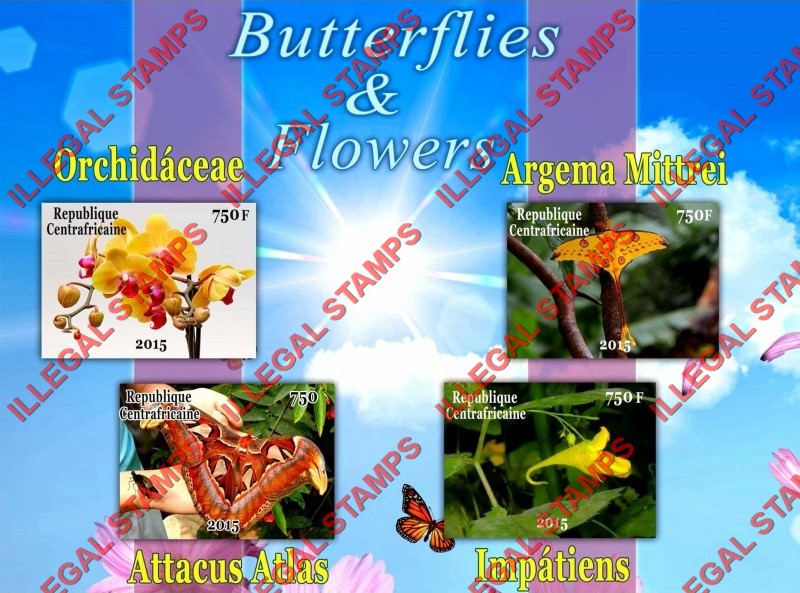 Central African Republic 2015 Butterflies and Flowers Illegal Stamp Souvenir Sheet of 4
