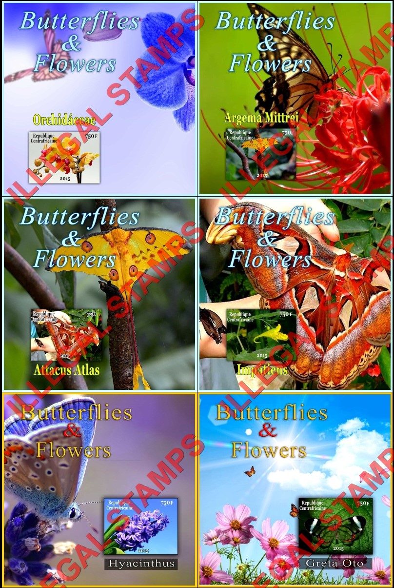 Central African Republic 2015 Butterflies and Flowers Illegal Stamp Souvenir Sheets of 1