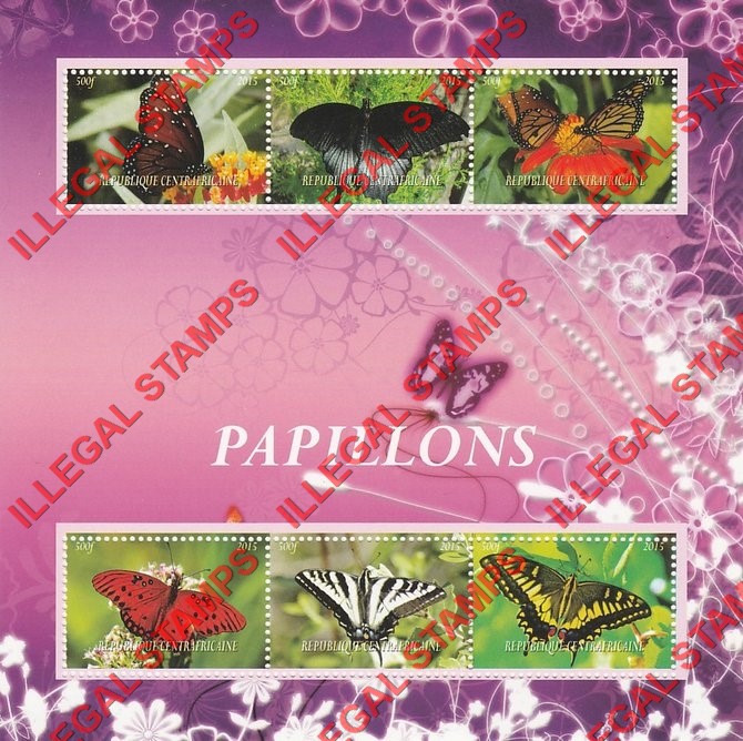 Central African Republic 2015 Butterflies Illegal Stamp Souvenir Sheet of 6