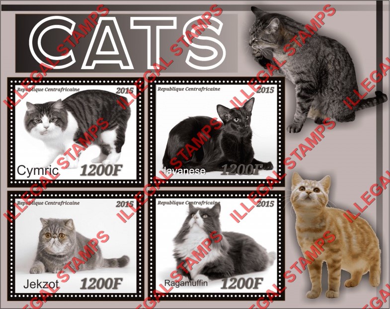 Central African Republic 2015 Cats (different) Illegal Stamp Souvenir Sheet of 4