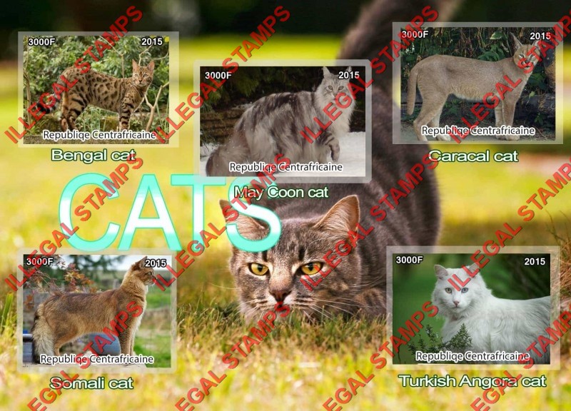 Central African Republic 2015 Cats Illegal Stamp Souvenir Sheet of 5