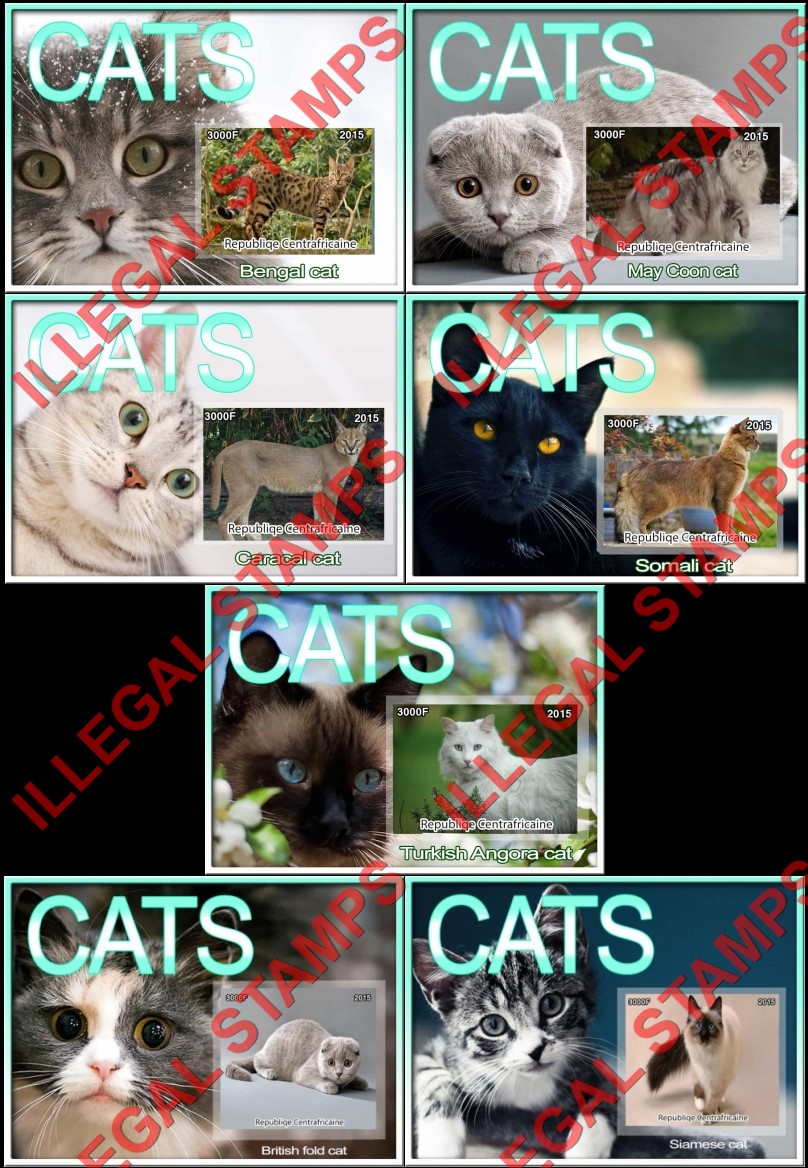 Central African Republic 2015 Cats Illegal Stamp Souvenir Sheets of 1