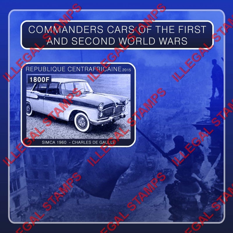 Central African Republic 2015 Commanders Cars of the First and Second World Wars Illegal Stamp Souvenir Sheet of 1