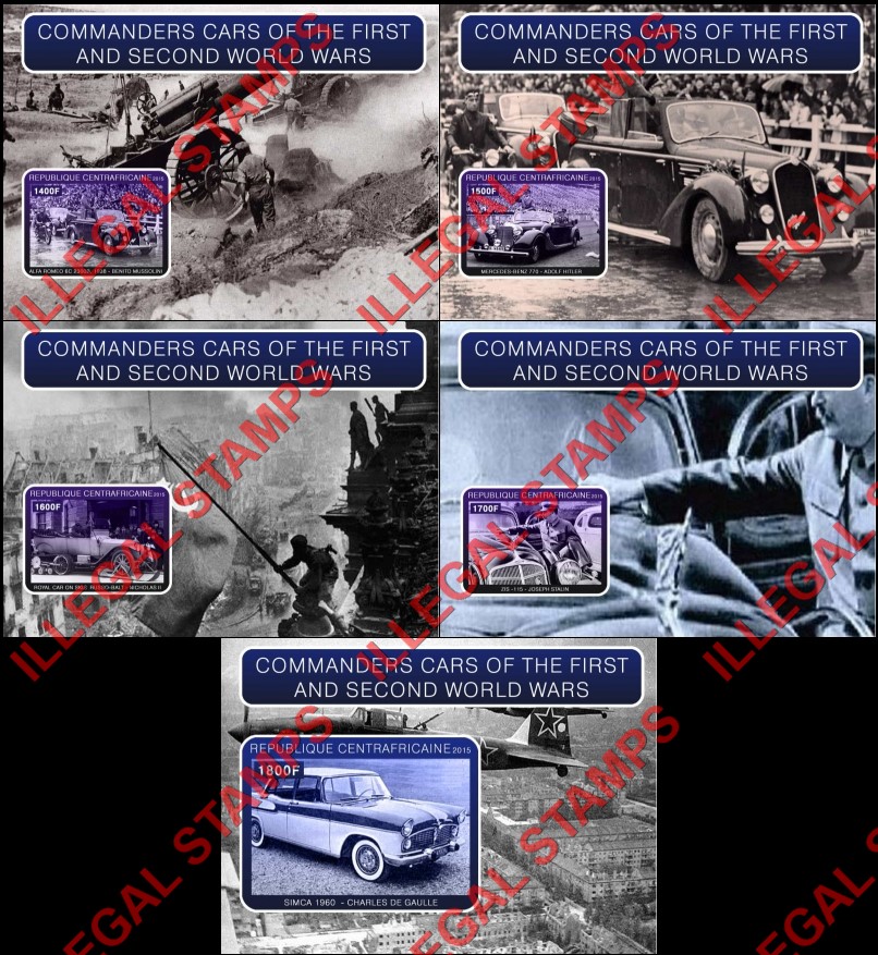 Central African Republic 2015 Commanders Cars of the First and Second World Wars Illegal Stamp Souvenir Sheets of 1