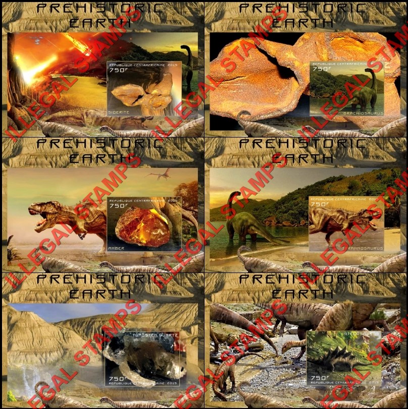 Central African Republic 2015 Dinosaurs and Minerals Prehistoric Earth Illegal Stamp Souvenir Sheets of 1